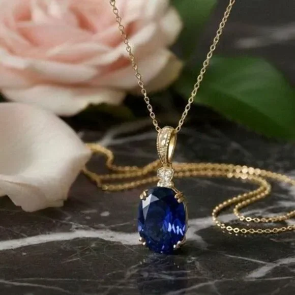 Oval Tanzanite 18mm x 13.5mm Pendant Necklace Gold Vermeil 18” Vintage Style - Picture 2 of 11